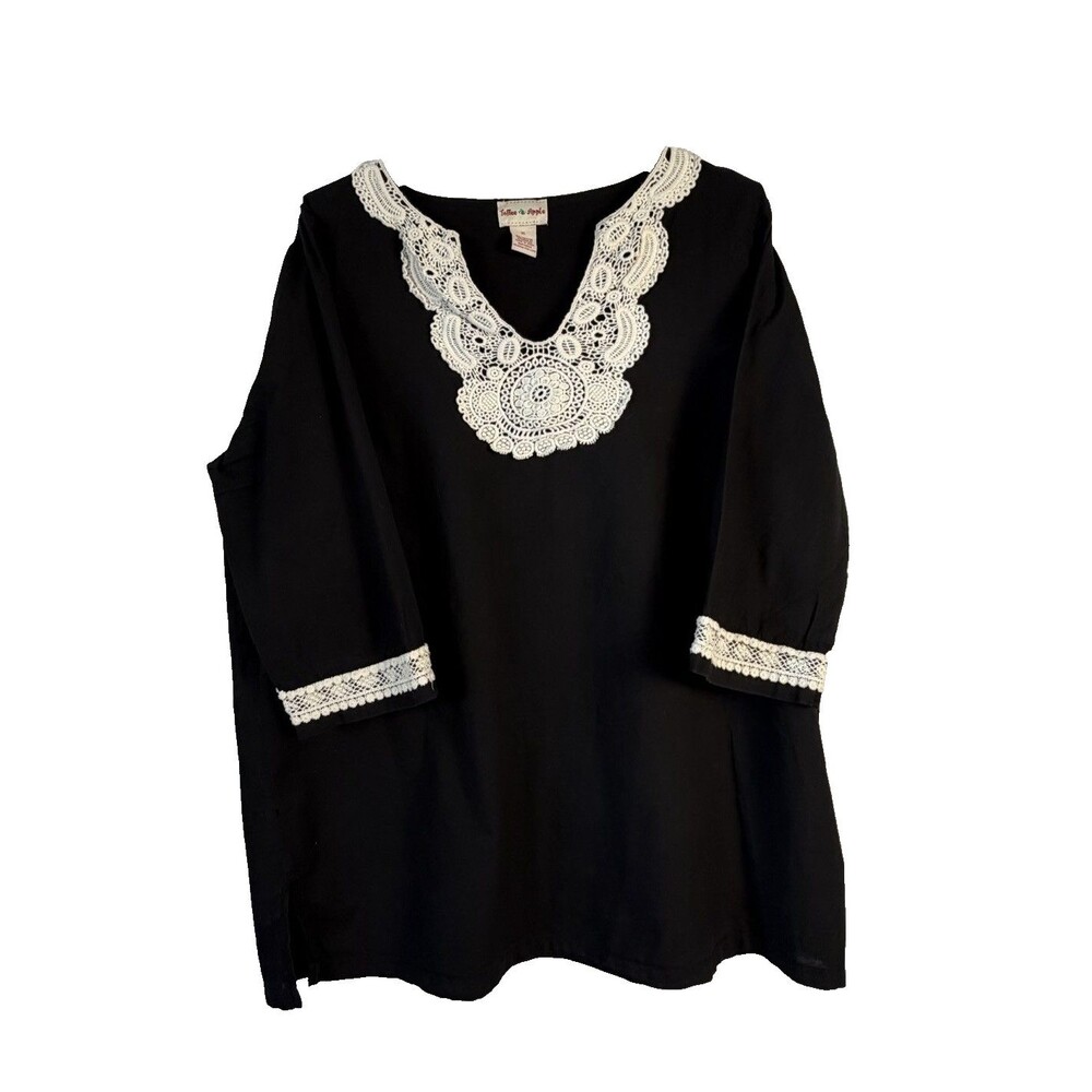 Toffee Apple Black Tunic Blouse V-Neck White Crochet Lace Collar & Cuffs XL READ